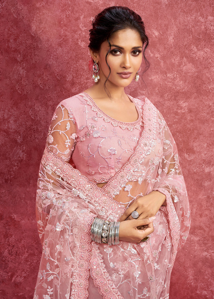 Buy Exquisite Rose Pink Embroidered Wedding Wear Saree Online in US, UK, Canada, France, Germany, Italy, Denmark, Singapore, Belgium & Worldwide at Empress.