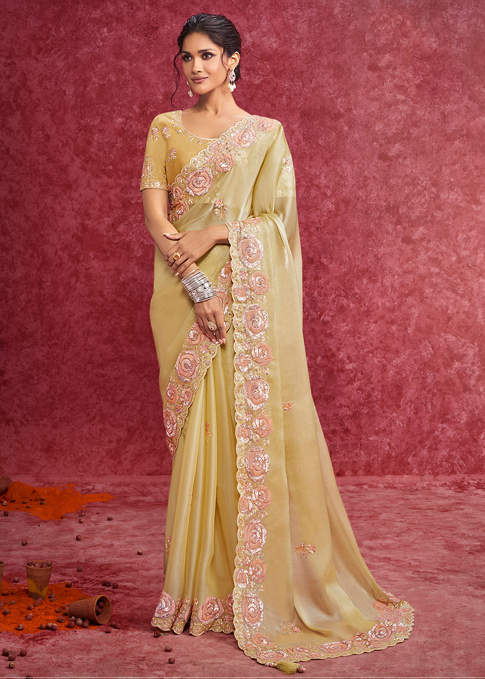 Buy Exquisite Yellow Embroidered Wedding Wear Saree Online in US, UK, Canada, France, Germany, Italy, Denmark, Singapore, Belgium, UAE & Worldwide at Empress.