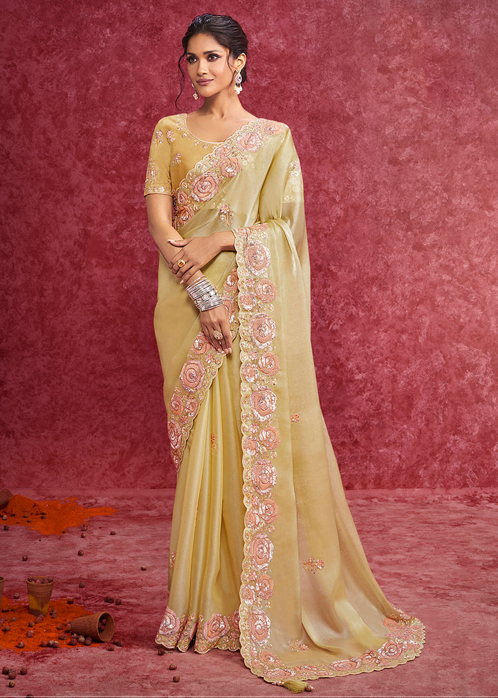 Buy Exquisite Yellow Embroidered Wedding Wear Saree Online in US, UK, Canada, France, Germany, Italy, Denmark, Singapore, Belgium, UAE & Worldwide at Empress.