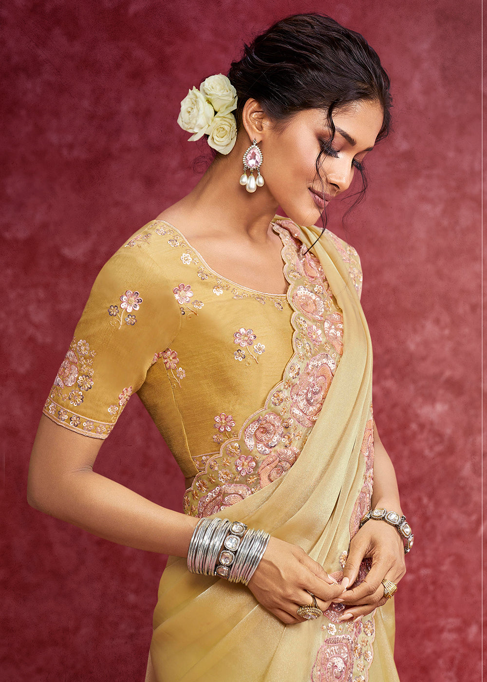 Buy Exquisite Yellow Embroidered Wedding Wear Saree Online in US, UK, Canada, France, Germany, Italy, Denmark, Singapore, Belgium, UAE & Worldwide at Empress.