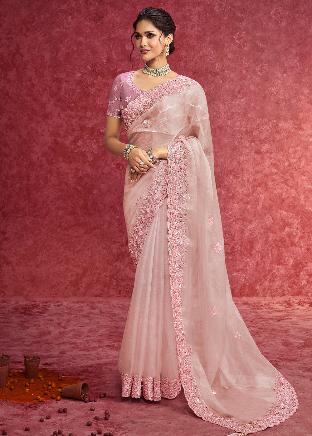 Buy Exquisite Pink Embroidered Wedding Wear Saree Online in US, UK, Canada, France, Germany, Italy, Denmark, Singapore, Belgium, UAE & Worldwide at Empress.