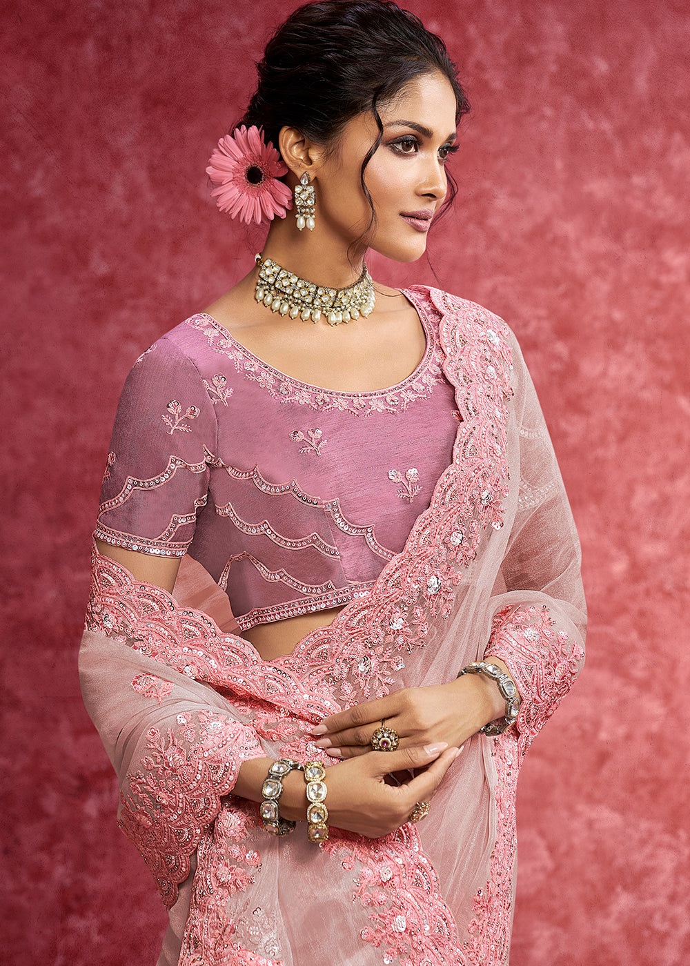 Buy Exquisite Pink Embroidered Wedding Wear Saree Online in US, UK, Canada, France, Germany, Italy, Denmark, Singapore, Belgium, UAE & Worldwide at Empress.