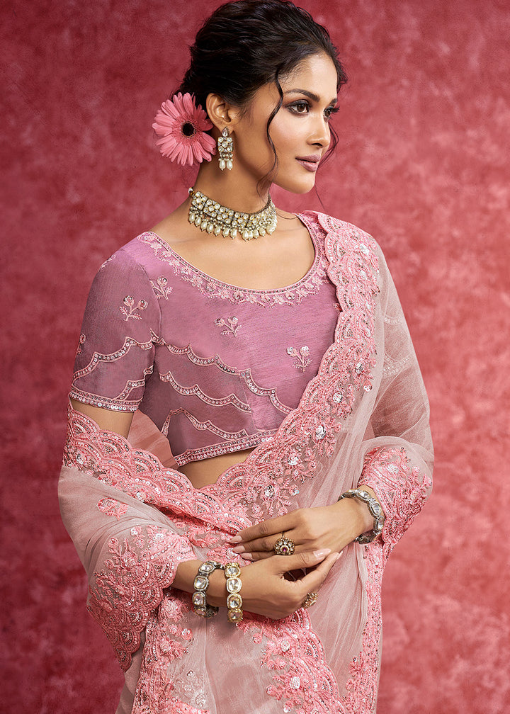 Buy Exquisite Pink Embroidered Wedding Wear Saree Online in US, UK, Canada, France, Germany, Italy, Denmark, Singapore, Belgium, UAE & Worldwide at Empress.