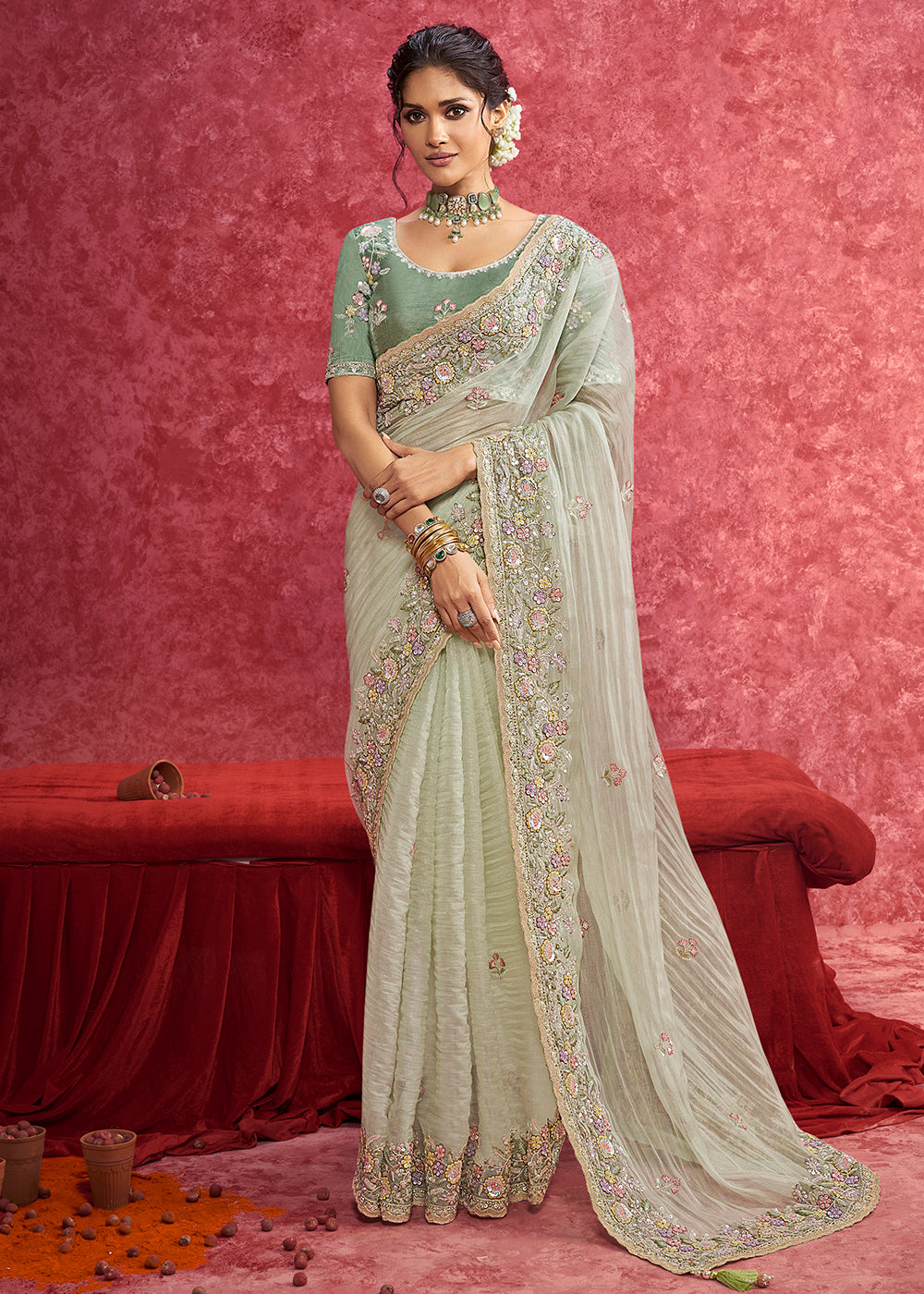 Buy Exquisite Green Embroidered Wedding Wear Saree Online in US, UK, Canada, France, Germany, Italy, Denmark, Singapore, Belgium, UAE & Worldwide at Empress.