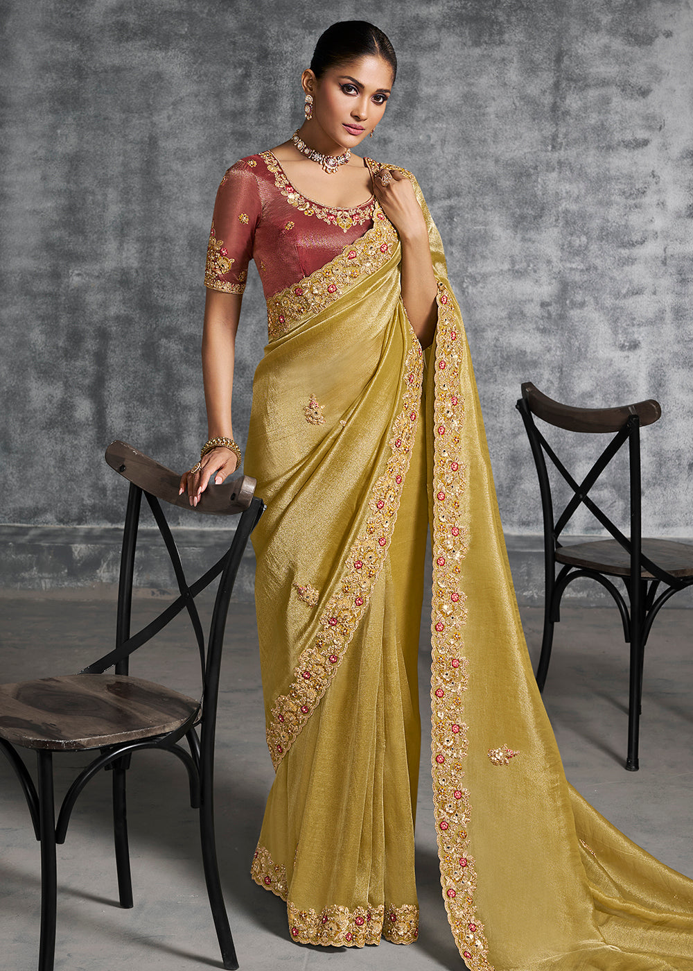 Buy Gorgeous Mustard Tissue Zari Party Wear Designer Saree Online in US, UK, Canada, France, Germany, Italy, Denmark, Singapore, Belgium & Worldwide at Empress.
