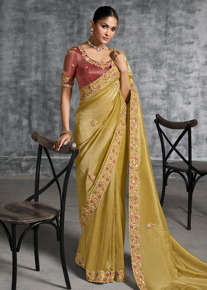 Buy Gorgeous Mustard Tissue Zari Party Wear Designer Saree Online in US, UK, Canada, France, Germany, Italy, Denmark, Singapore, Belgium & Worldwide at Empress.