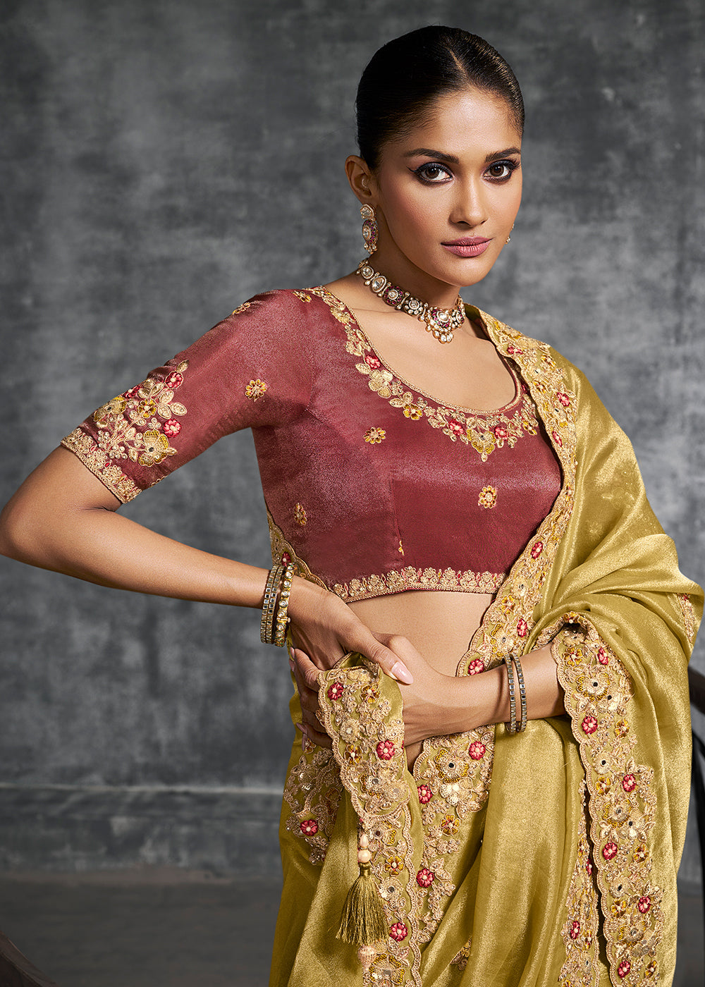 Buy Gorgeous Mustard Tissue Zari Party Wear Designer Saree Online in US, UK, Canada, France, Germany, Italy, Denmark, Singapore, Belgium & Worldwide at Empress.