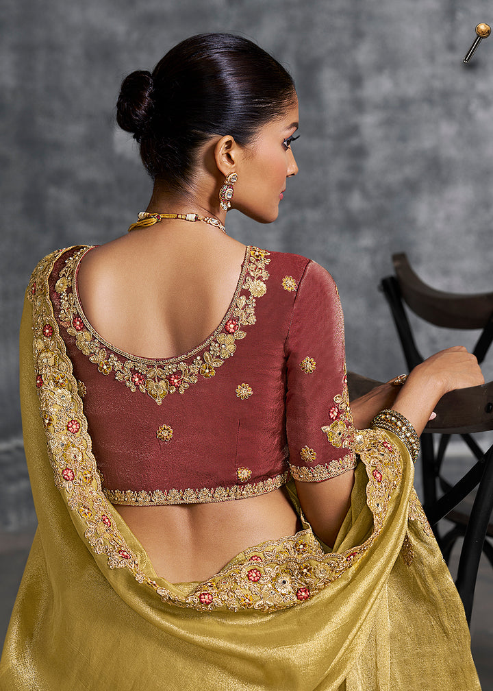 Buy Gorgeous Mustard Tissue Zari Party Wear Designer Saree Online in US, UK, Canada, France, Germany, Italy, Denmark, Singapore, Belgium & Worldwide at Empress.