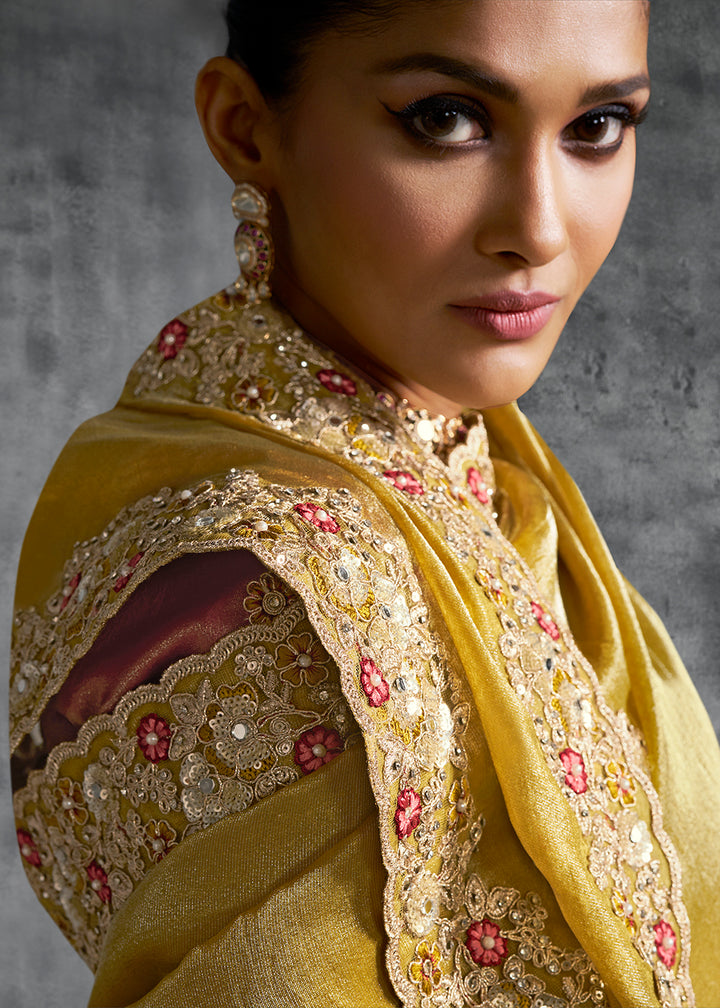 Buy Gorgeous Mustard Tissue Zari Party Wear Designer Saree Online in US, UK, Canada, France, Germany, Italy, Denmark, Singapore, Belgium & Worldwide at Empress.