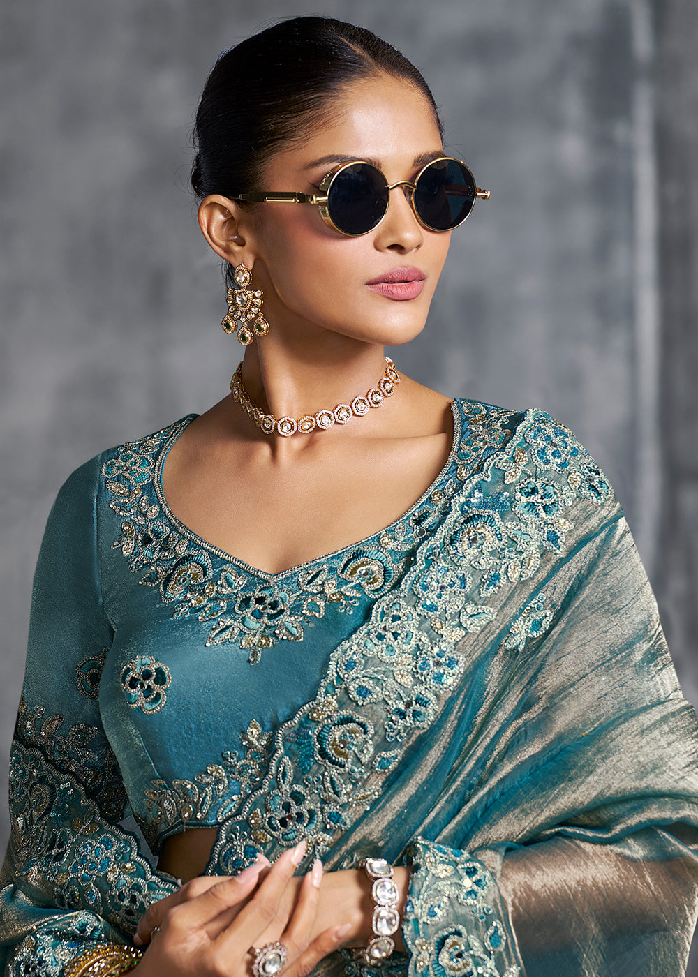 Buy Gorgeous Teal Blue Tissue Zari Party Wear Designer Saree Online in US, UK, Canada, France, Germany, Italy, Denmark, Spain, Belgium & Worldwide at Empress.