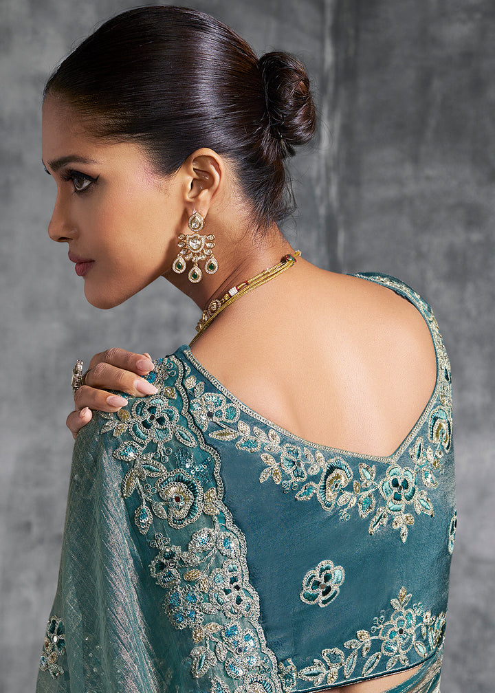 Buy Gorgeous Teal Blue Tissue Zari Party Wear Designer Saree Online in US, UK, Canada, France, Germany, Italy, Denmark, Spain, Belgium & Worldwide at Empress.