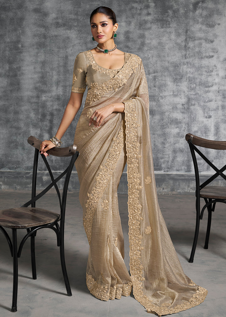Buy Gorgeous Beige Tissue Zari Party Wear Designer Saree Online in US, UK, Canada, France, Germany, Italy, Denmark, Spain, Belgium & Worldwide at Empress.