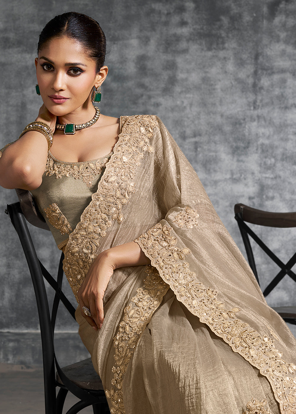 Buy Gorgeous Beige Tissue Zari Party Wear Designer Saree Online in US, UK, Canada, France, Germany, Italy, Denmark, Spain, Belgium & Worldwide at Empress.