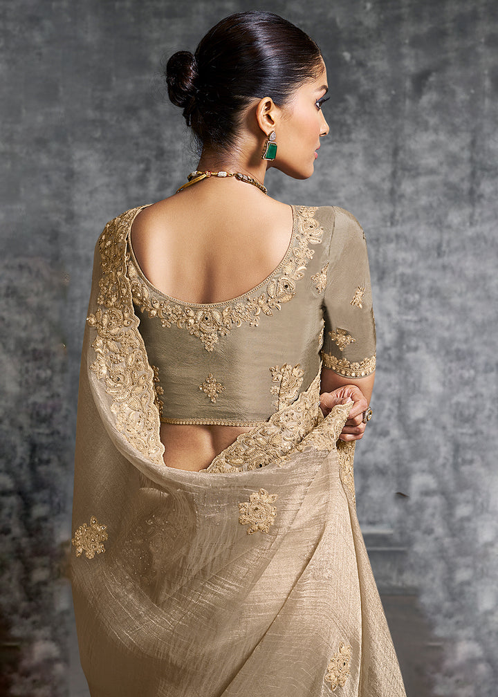 Buy Gorgeous Beige Tissue Zari Party Wear Designer Saree Online in US, UK, Canada, France, Germany, Italy, Denmark, Spain, Belgium & Worldwide at Empress.