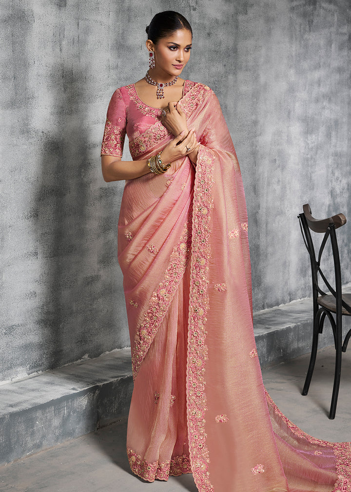 Buy Gorgeous Pink Tissue Zari Party Wear Designer Saree Online in US, UK, Canada, France, Germany, Italy, Denmark, Spain, Belgium, UAE & Worldwide at Empress.