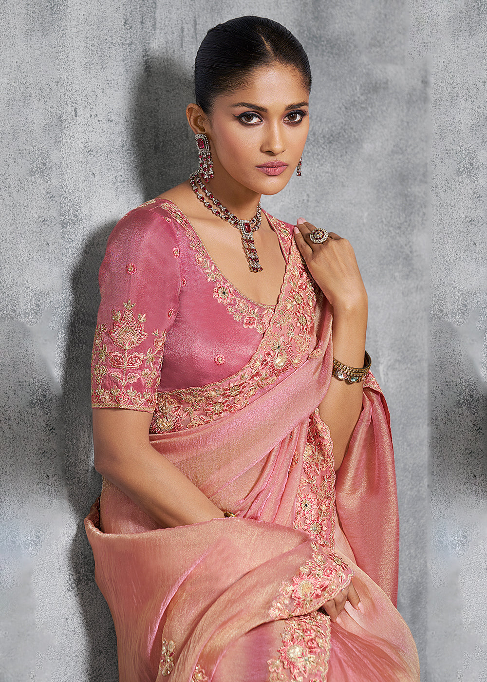 Buy Gorgeous Pink Tissue Zari Party Wear Designer Saree Online in US, UK, Canada, France, Germany, Italy, Denmark, Spain, Belgium, UAE & Worldwide at Empress.