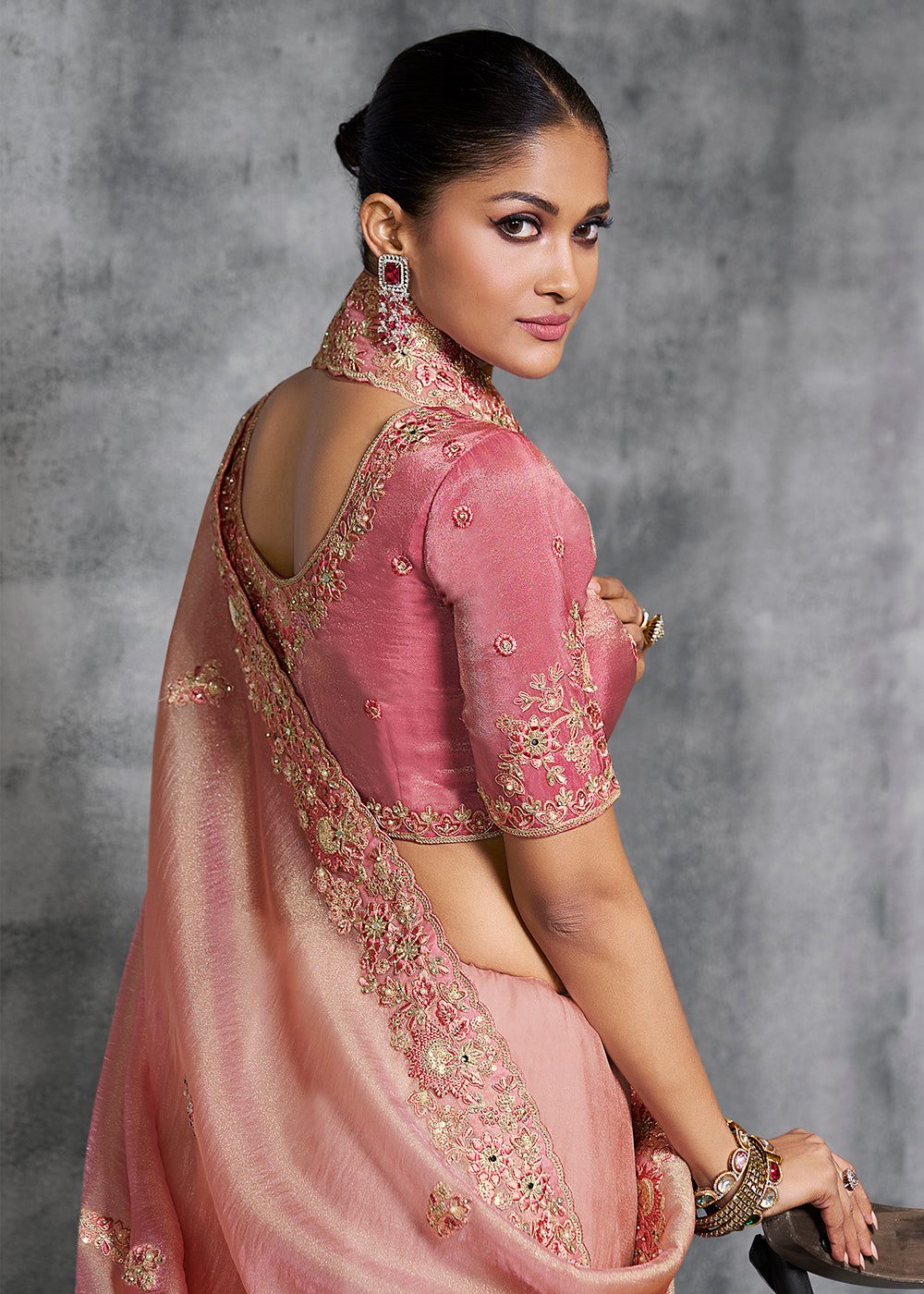 Buy Gorgeous Pink Tissue Zari Party Wear Designer Saree Online in US, UK, Canada, France, Germany, Italy, Denmark, Spain, Belgium, UAE & Worldwide at Empress.