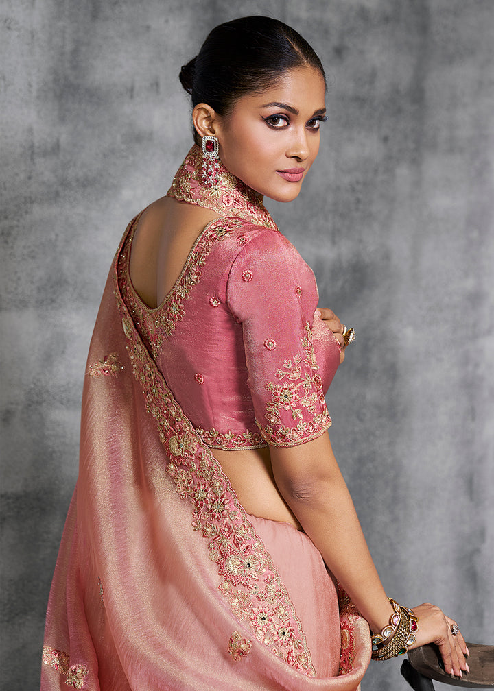 Buy Gorgeous Pink Tissue Zari Party Wear Designer Saree Online in US, UK, Canada, France, Germany, Italy, Denmark, Spain, Belgium, UAE & Worldwide at Empress.