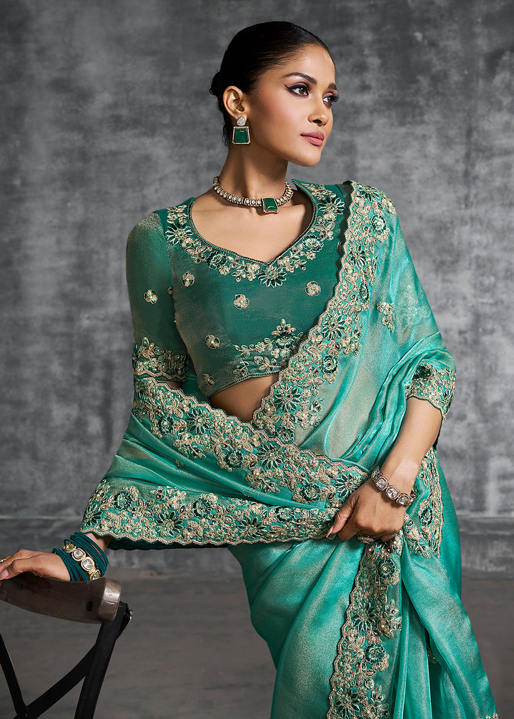 Buy Gorgeous Turquoise Tissue Zari Party Wear Designer Saree Online in US, UK, Canada, France, Germany, Italy, Denmark, Spain, Belgium & Worldwide at Empress.