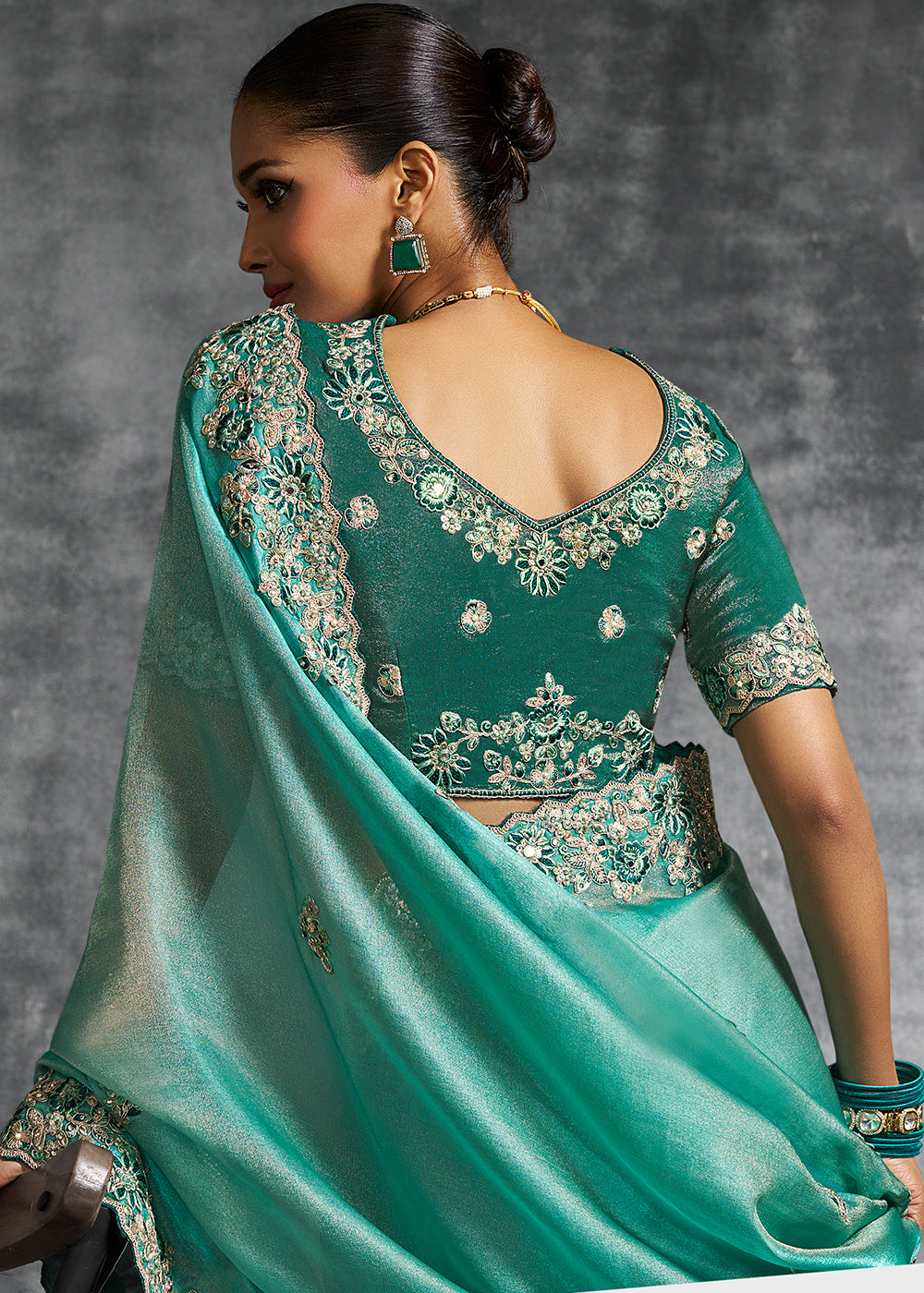 Buy Gorgeous Turquoise Tissue Zari Party Wear Designer Saree Online in US, UK, Canada, France, Germany, Italy, Denmark, Spain, Belgium & Worldwide at Empress.