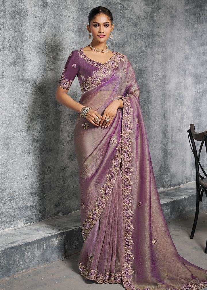 Buy Gorgeous Mauve Tissue Zari Party Wear Designer Saree Online in US, UK, Canada, France, Germany, Italy, Denmark, Spain, Belgium, UAE & Worldwide at Empress.
