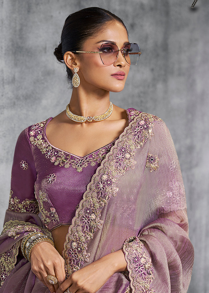 Buy Gorgeous Mauve Tissue Zari Party Wear Designer Saree Online in US, UK, Canada, France, Germany, Italy, Denmark, Spain, Belgium, UAE & Worldwide at Empress.