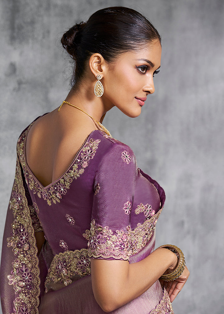 Buy Gorgeous Mauve Tissue Zari Party Wear Designer Saree Online in US, UK, Canada, France, Germany, Italy, Denmark, Spain, Belgium, UAE & Worldwide at Empress.