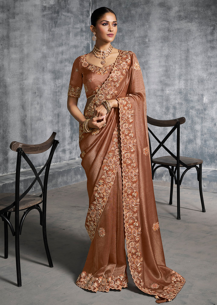 Buy Gorgeous Rust Tissue Zari Party Wear Designer Saree Online in US, UK, Canada, France, Germany, Italy, Denmark, Spain, Belgium, UAE & Worldwide at Empress.