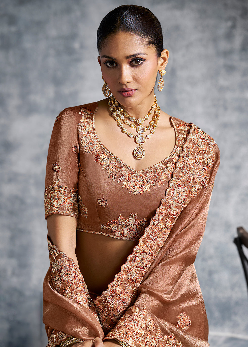 Buy Gorgeous Rust Tissue Zari Party Wear Designer Saree Online in US, UK, Canada, France, Germany, Italy, Denmark, Spain, Belgium, UAE & Worldwide at Empress.