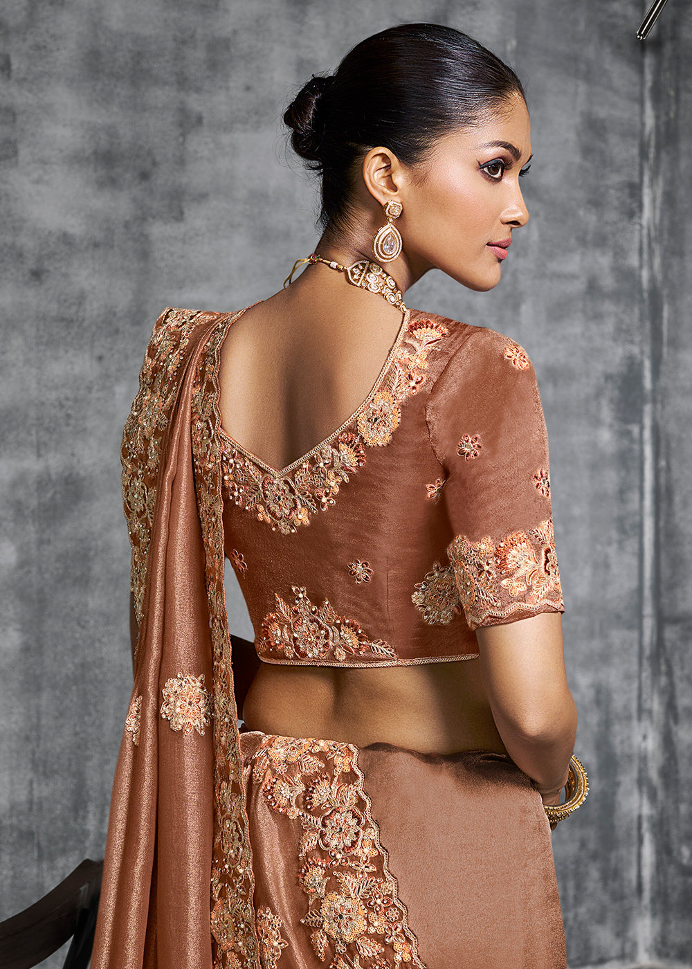 Buy Gorgeous Rust Tissue Zari Party Wear Designer Saree Online in US, UK, Canada, France, Germany, Italy, Denmark, Spain, Belgium, UAE & Worldwide at Empress.