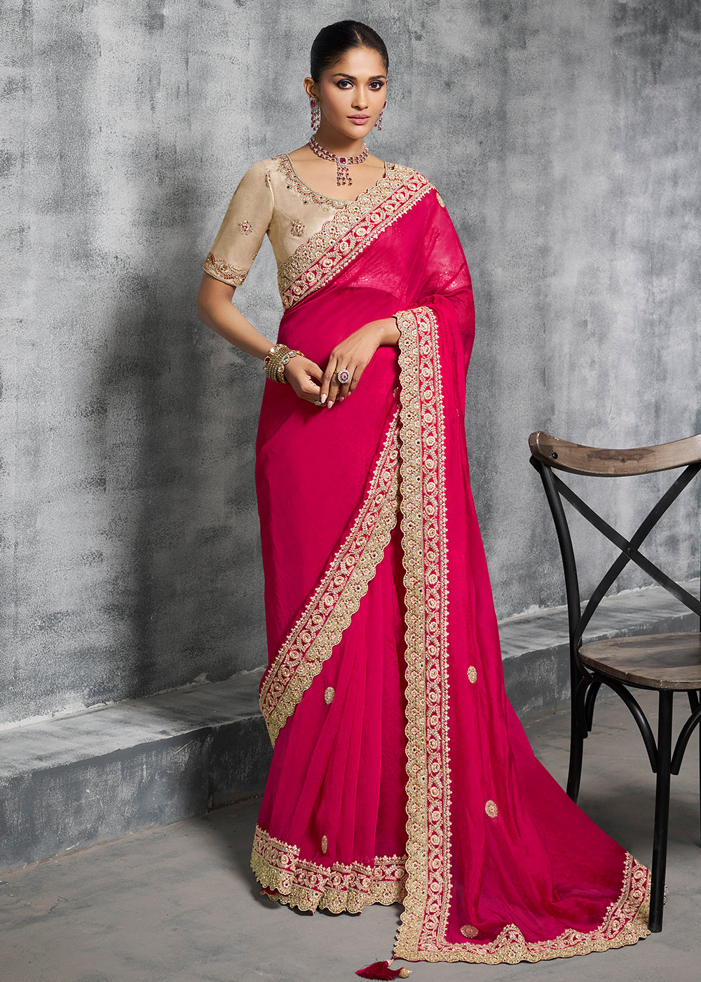Buy Gorgeous Hot Pink Tissue Zari Party Wear Designer Saree Online in US, UK, Canada, France, Germany, Italy, Denmark, Spain, Belgium, UAE & Worldwide at Empress.