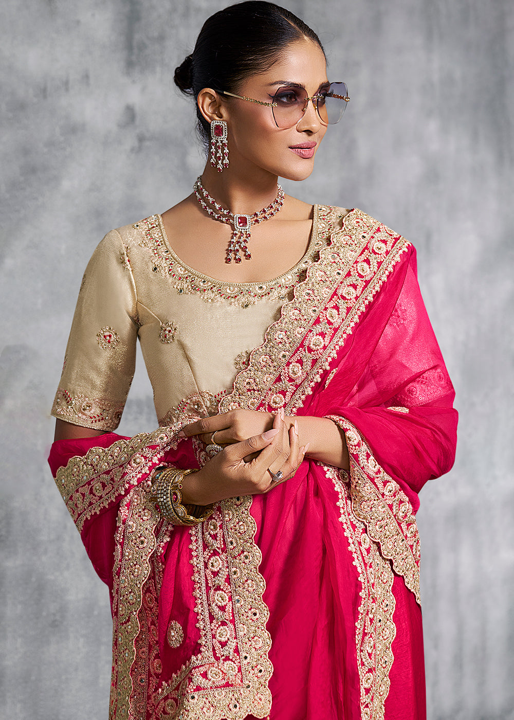 Buy Gorgeous Hot Pink Tissue Zari Party Wear Designer Saree Online in US, UK, Canada, France, Germany, Italy, Denmark, Spain, Belgium, UAE & Worldwide at Empress.