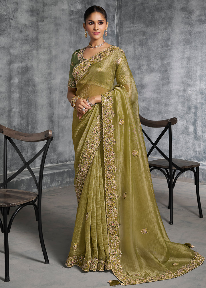 Buy Gorgeous Green Tissue Zari Party Wear Designer Saree Online in US, UK, Canada, France, Germany, Italy, Denmark, Spain, Belgium, UAE & Worldwide at Empress.