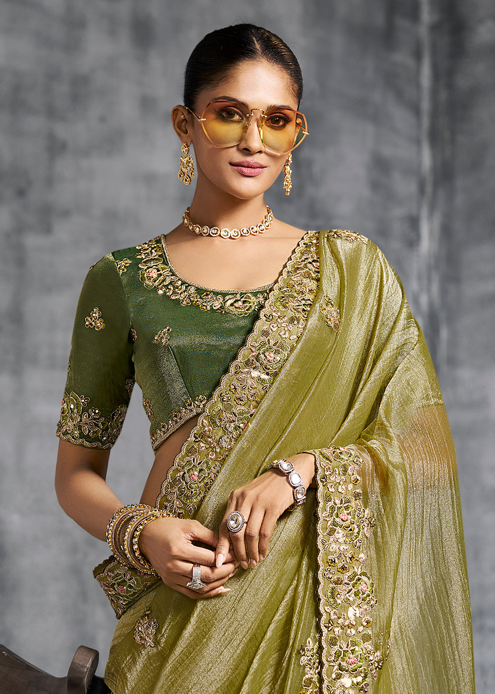 Buy Gorgeous Green Tissue Zari Party Wear Designer Saree Online in US, UK, Canada, France, Germany, Italy, Denmark, Spain, Belgium, UAE & Worldwide at Empress.