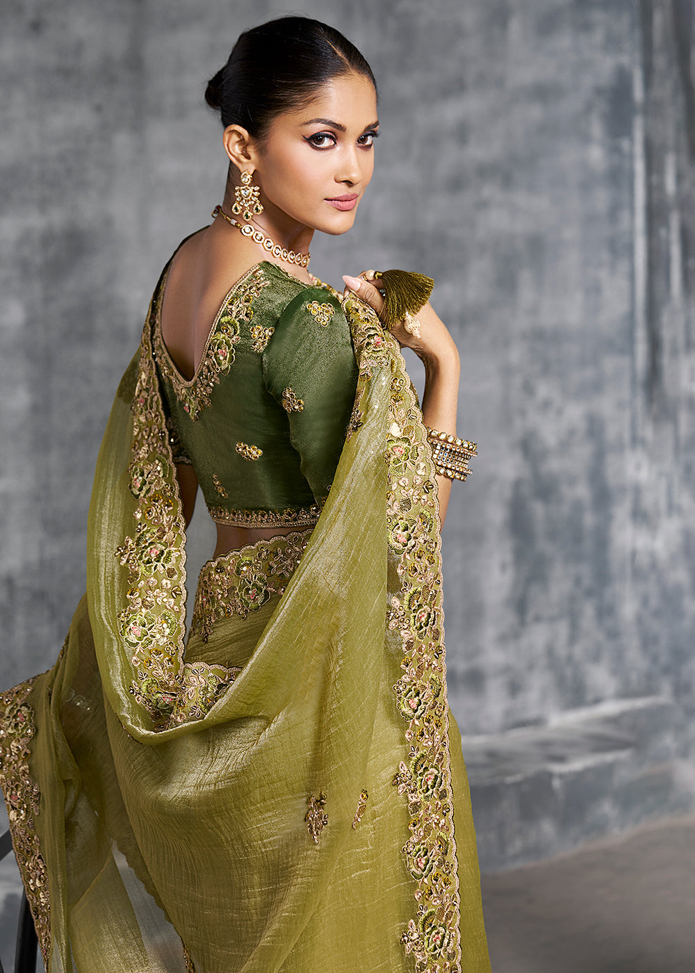 Buy Gorgeous Green Tissue Zari Party Wear Designer Saree Online in US, UK, Canada, France, Germany, Italy, Denmark, Spain, Belgium, UAE & Worldwide at Empress.