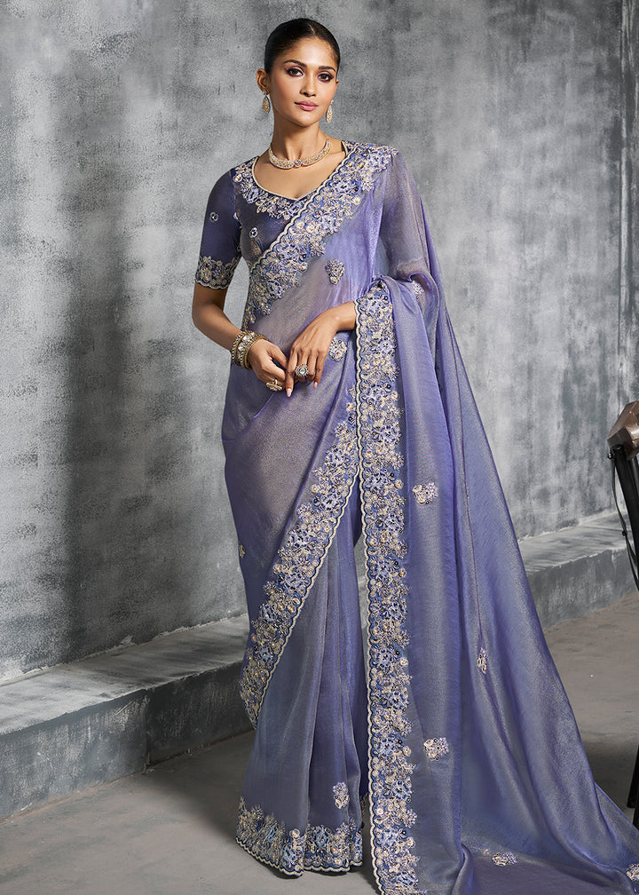Buy Gorgeous Blue Tissue Zari Party Wear Designer Saree Online in US, UK, Canada, France, Germany, Italy, Denmark, Spain, Belgium, UAE & Worldwide at Empress.