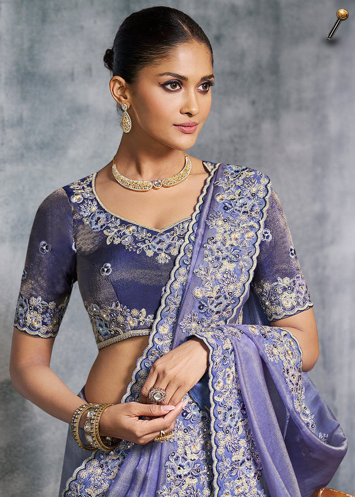 Buy Gorgeous Blue Tissue Zari Party Wear Designer Saree Online in US, UK, Canada, France, Germany, Italy, Denmark, Spain, Belgium, UAE & Worldwide at Empress.