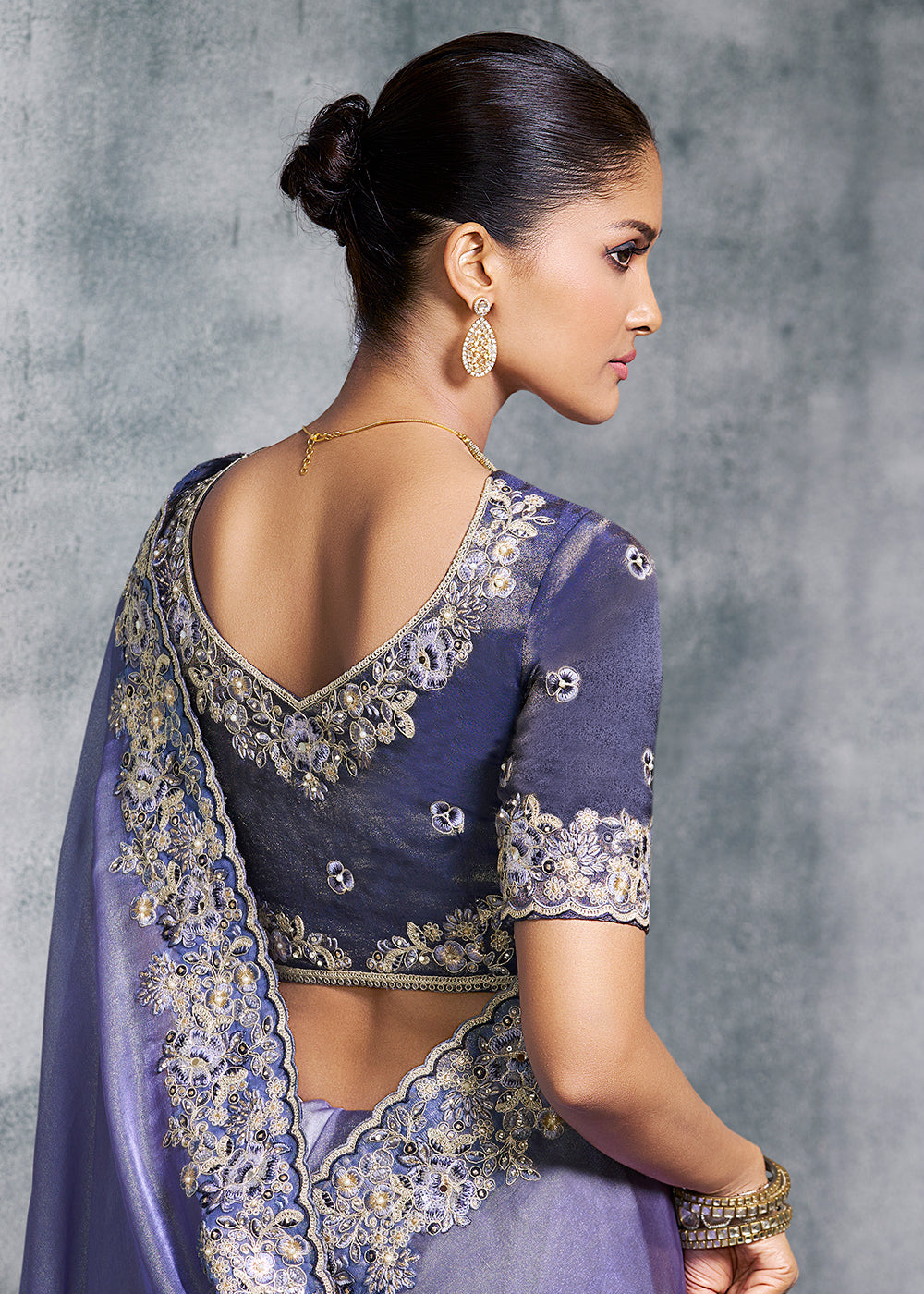 Buy Gorgeous Blue Tissue Zari Party Wear Designer Saree Online in US, UK, Canada, France, Germany, Italy, Denmark, Spain, Belgium, UAE & Worldwide at Empress.