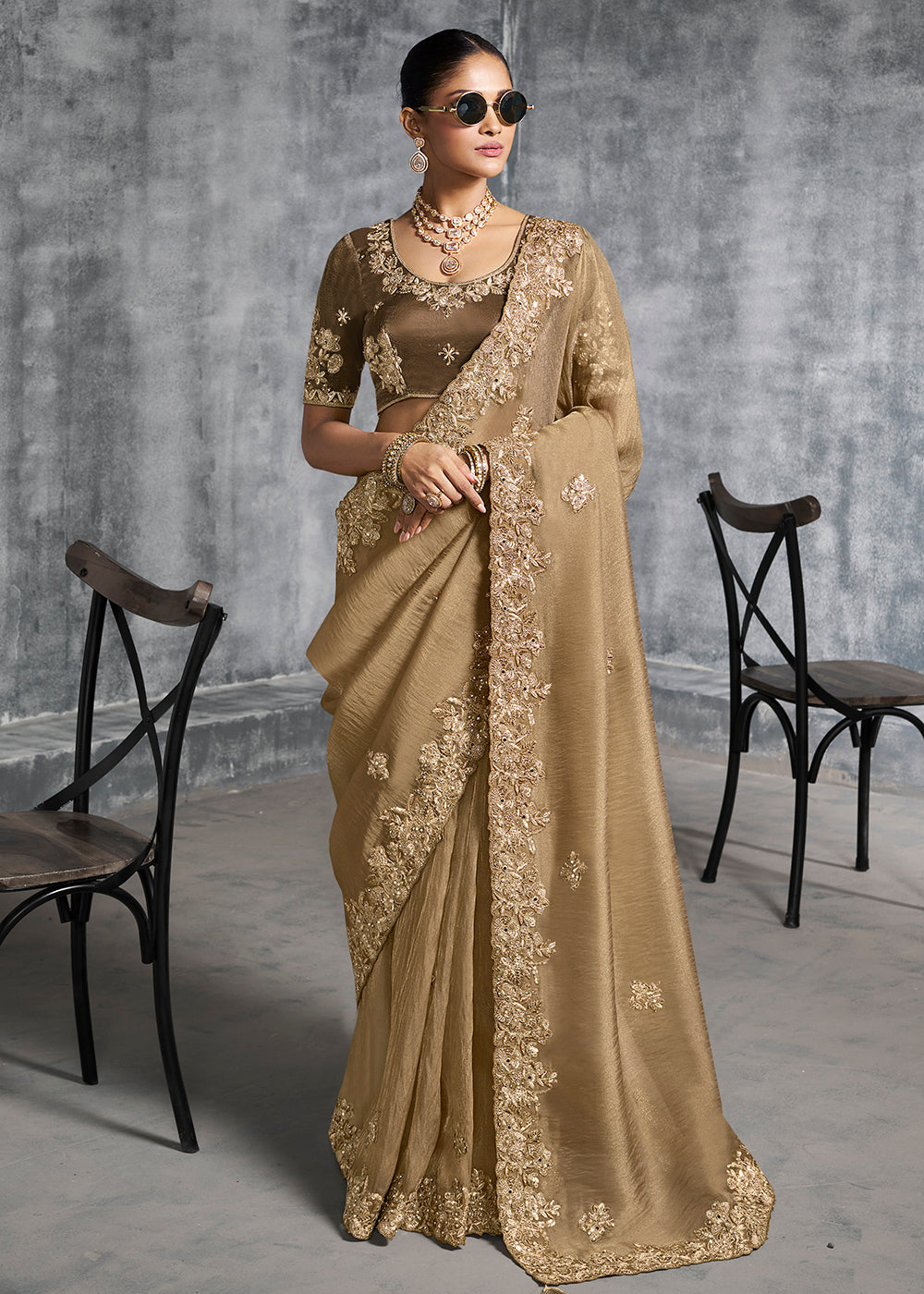 Buy Gorgeous Brown Tissue Zari Party Wear Designer Saree Online in US, UK, Canada, France, Germany, Italy, Denmark, Spain, Belgium, UAE & Worldwide at Empress.