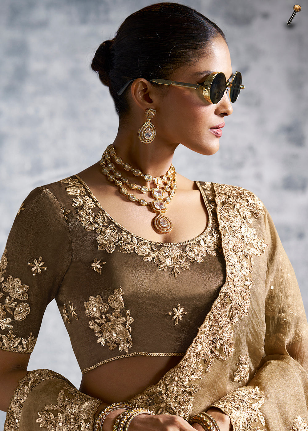 Buy Gorgeous Brown Tissue Zari Party Wear Designer Saree Online in US, UK, Canada, France, Germany, Italy, Denmark, Spain, Belgium, UAE & Worldwide at Empress.