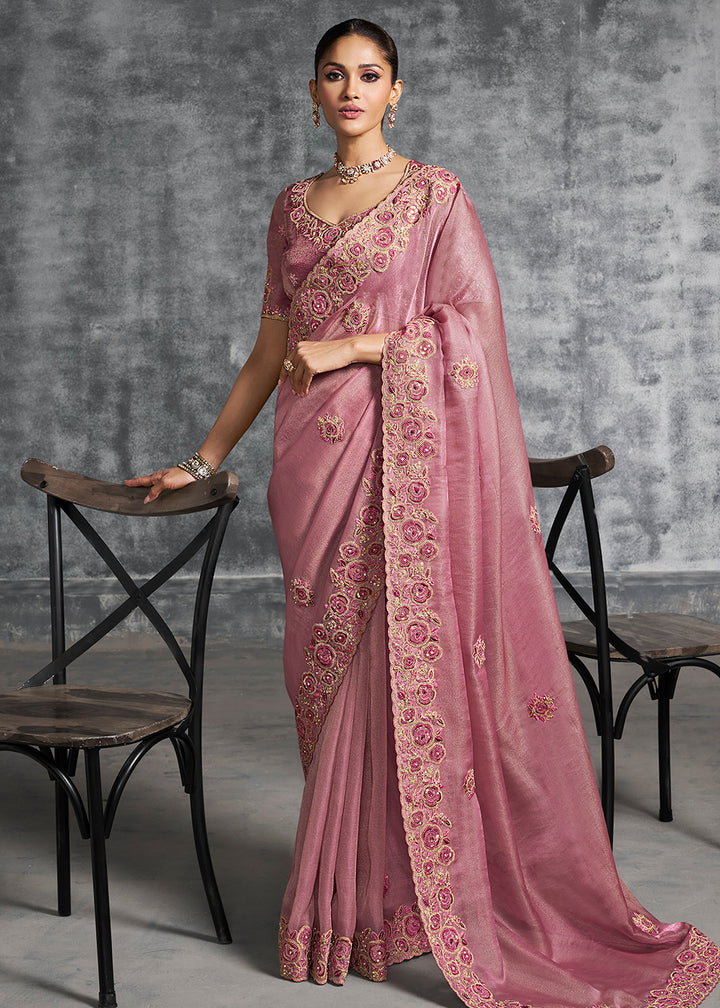 Buy Gorgeous Rose Pink Tissue Zari Party Wear Designer Saree Online in US, UK, Canada, France, Germany, Italy, Denmark, Spain, Belgium & Worldwide at Empress.