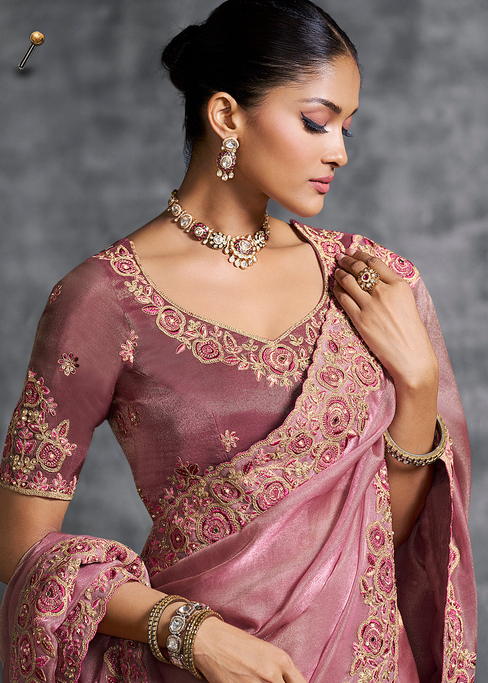 Buy Gorgeous Rose Pink Tissue Zari Party Wear Designer Saree Online in US, UK, Canada, France, Germany, Italy, Denmark, Spain, Belgium & Worldwide at Empress.