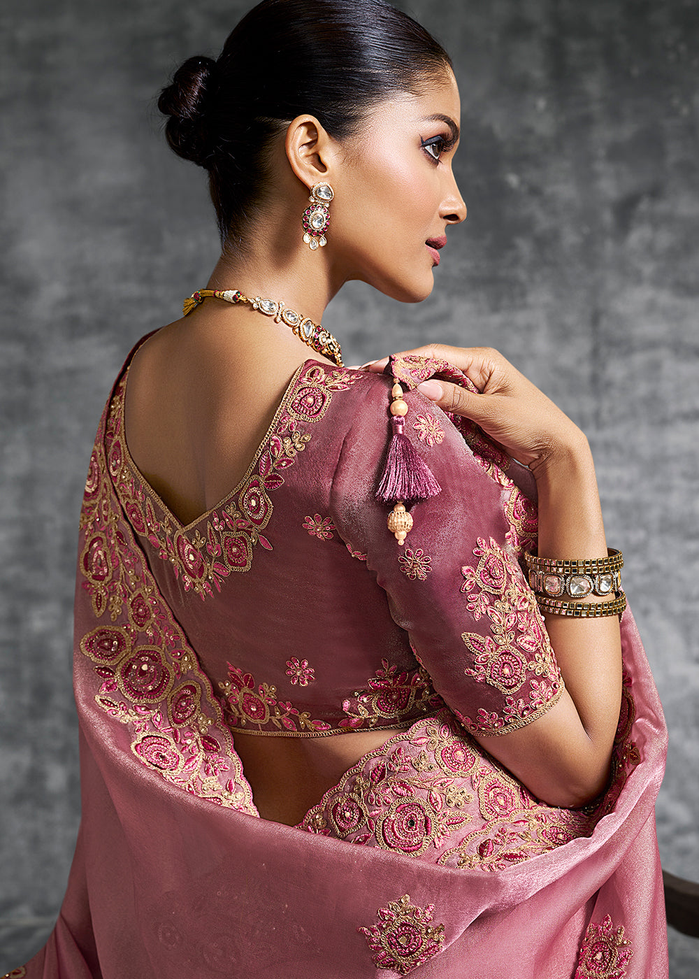 Buy Gorgeous Rose Pink Tissue Zari Party Wear Designer Saree Online in US, UK, Canada, France, Germany, Italy, Denmark, Spain, Belgium & Worldwide at Empress.