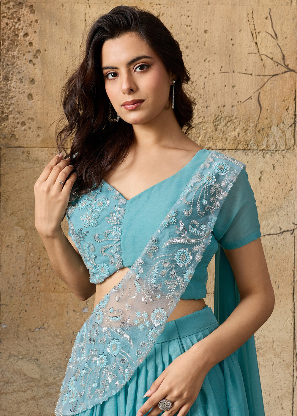 Buy Now Turquoise Blue Embroidered Festive Party Indo Western Dress Online in US, UK, Canada, Netherlands, Germany, Italy, France, Greece & Worldwide at Empress.