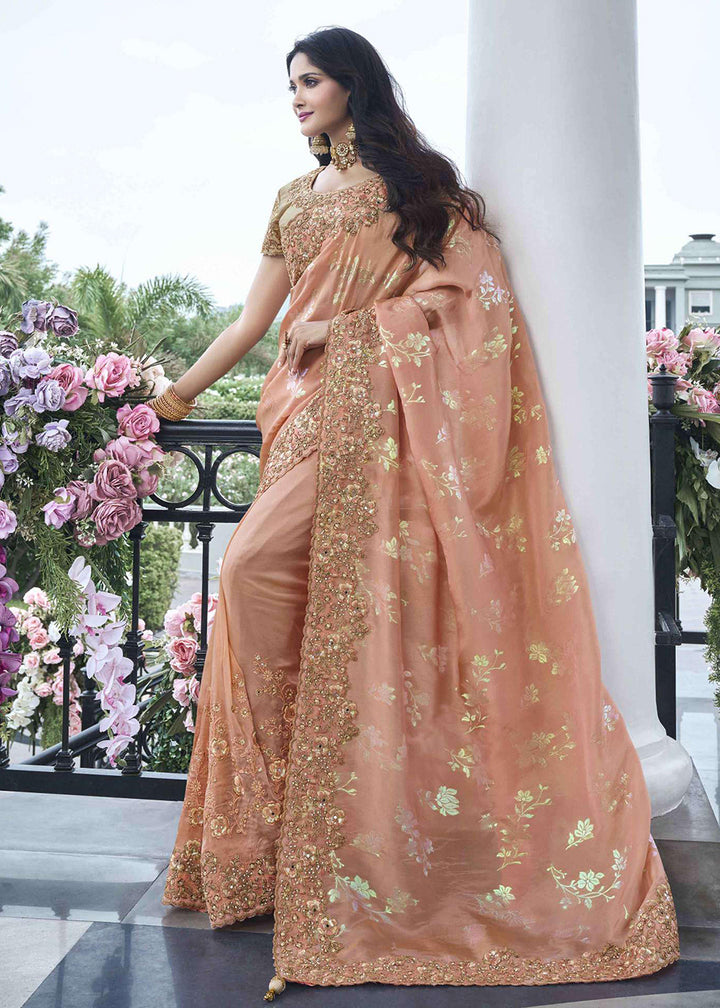 Buy Now Peach Viscose Silk Embroidered Designer Wedding Saree Online in USA, UK, France, Germany, UAE, Canada & Worldwide at Empress Clothing.