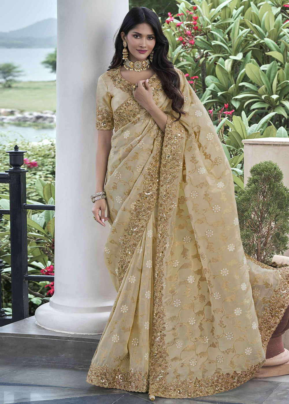 Buy Now Beige Viscose Silk Embroidered Designer Wedding Saree Online in USA, UK, France, Germany, UAE, Canada & Worldwide at Empress Clothing. 