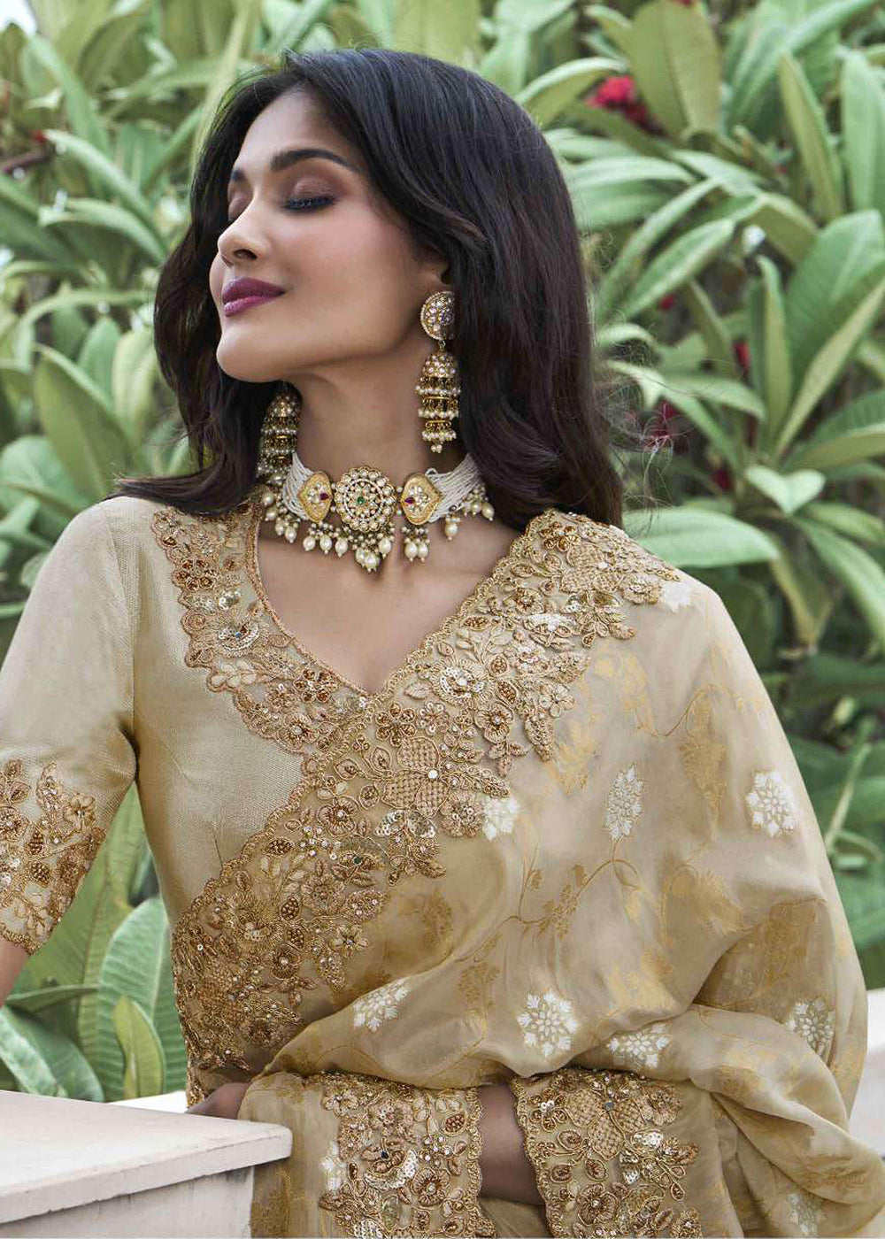 Buy Now Beige Viscose Silk Embroidered Designer Wedding Saree Online in USA, UK, France, Germany, UAE, Canada & Worldwide at Empress Clothing. 