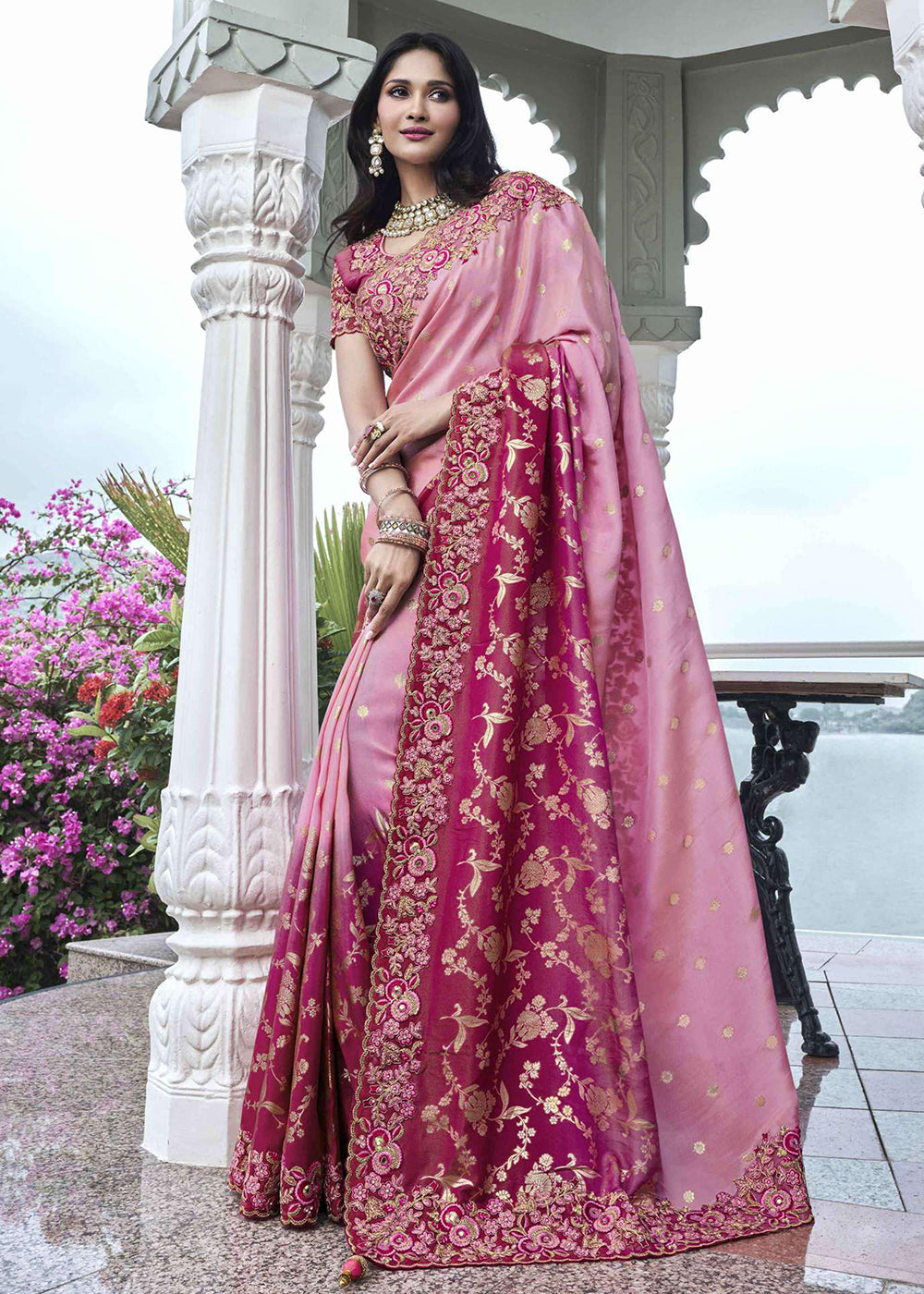 Buy Now Pink Viscose Silk Embroidered Designer Wedding Saree Online in USA, UK, France, Germany, UAE, Canada & Worldwide at Empress Clothing.