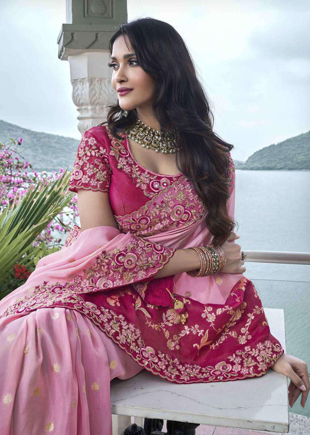 Buy Now Pink Viscose Silk Embroidered Designer Wedding Saree Online in USA, UK, France, Germany, UAE, Canada & Worldwide at Empress Clothing.