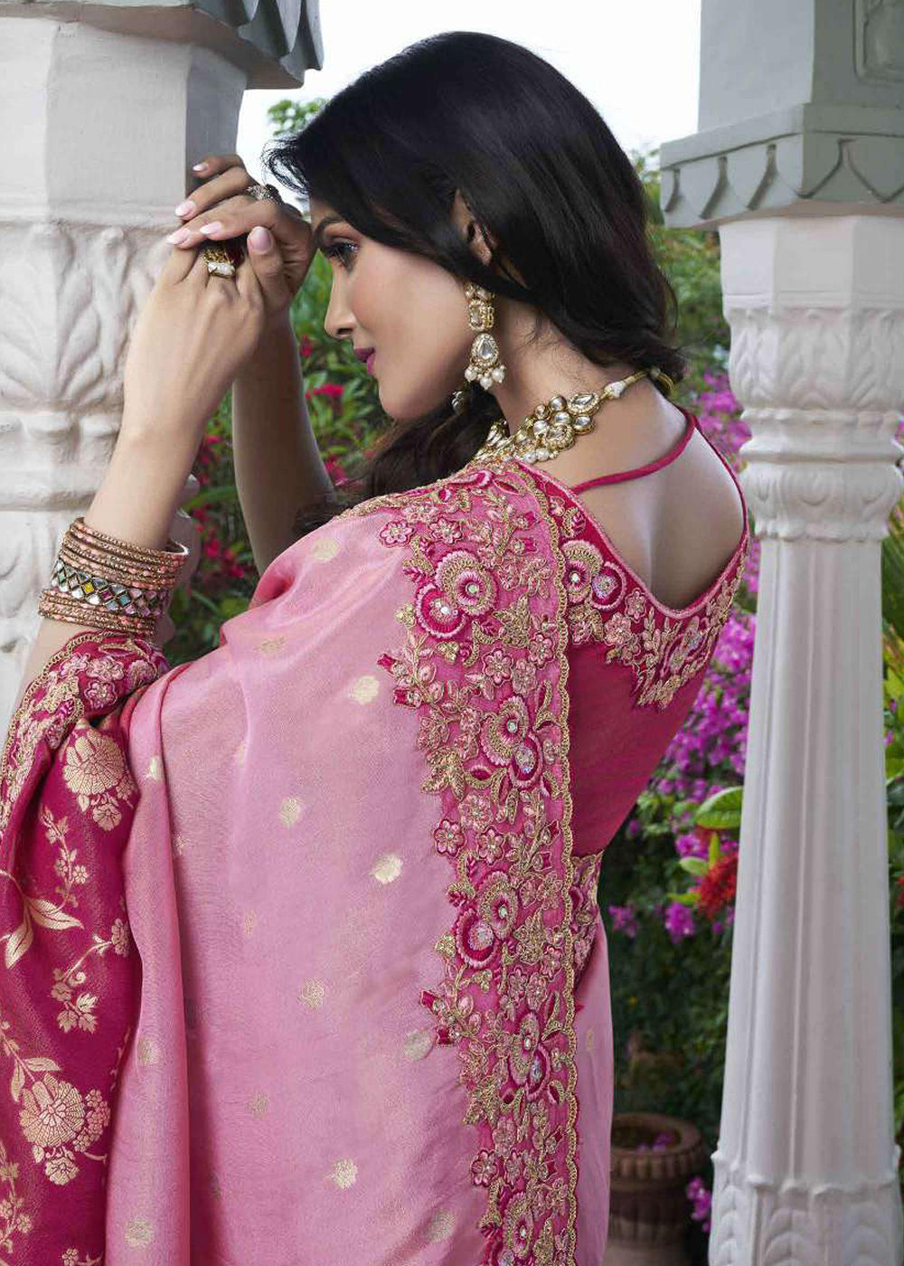 Buy Now Pink Viscose Silk Embroidered Designer Wedding Saree Online in USA, UK, France, Germany, UAE, Canada & Worldwide at Empress Clothing.